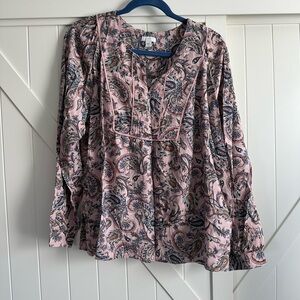J Jill Paisley Blouse Large Pink Blue Boho Peasant Top Long Sleeve Flowy